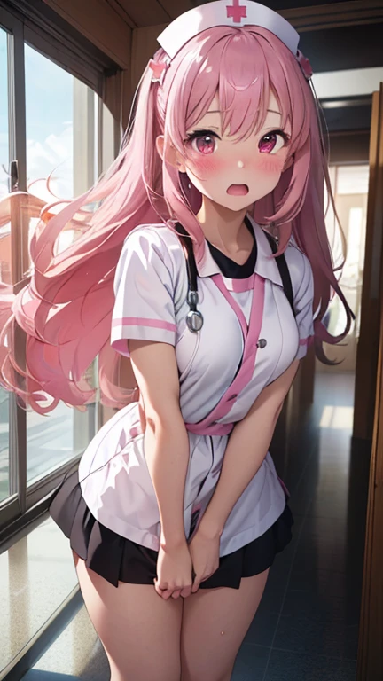 masterpiece、highest quality、Very detailed、Photograph the upper body、1 female、(Put your arms behind your back:1.2)、Are standing、Turn your body forward、View your viewers、(nurse:1.2、Maid clothes、nurseキャップ)、blush、shy、Pink Hair、Open your mouth、Hospital corridor、Big Breasts、