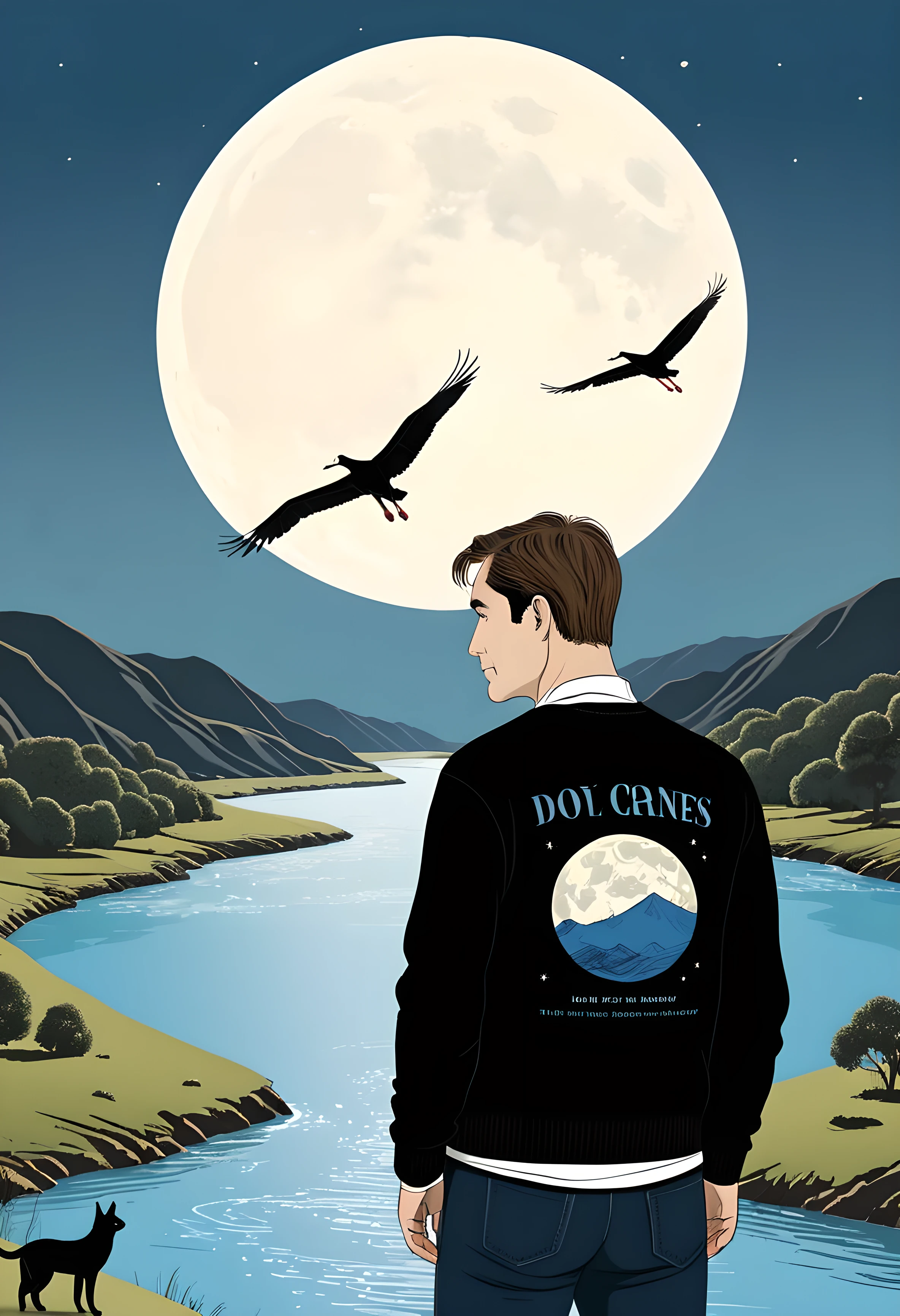 style by Alessandro Gottardo, typographic art a man in a black sweater stands over a blue river against the backdrop of the moon. around on the hills 3 cranes 3 cats 3 dogs stylized, intricate, detailed, artistic, text-based