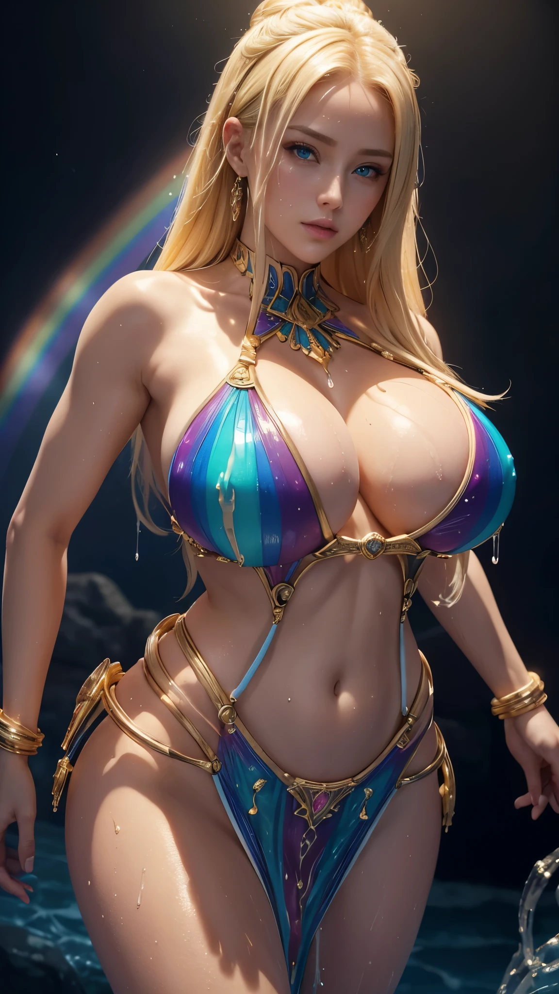 Beautiful blonde woman, The wax dress melts and drips off her body. (masterpiece: 1.2), (highest quality), 4K, Very detailed, (Dynamic configuration: 1.4), Very detailed, Colorful details, (Rainbow-colored: 1.2), (Bright lighting, Atmospheric lighting), dream-like, Magic, (alone: 1.2)   Big Breasts　valley　Sweaty　Swimwear　bikini