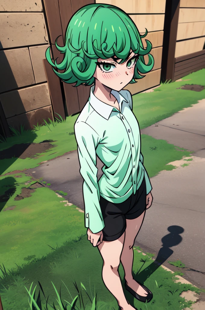 absurdres, highres, ultra detailed, tatsumakitornado, short green hair, curly hair, white shirt, black shorts, outdoors, green eyes ,full body ,looking away, blushing ,standing,back veiw 