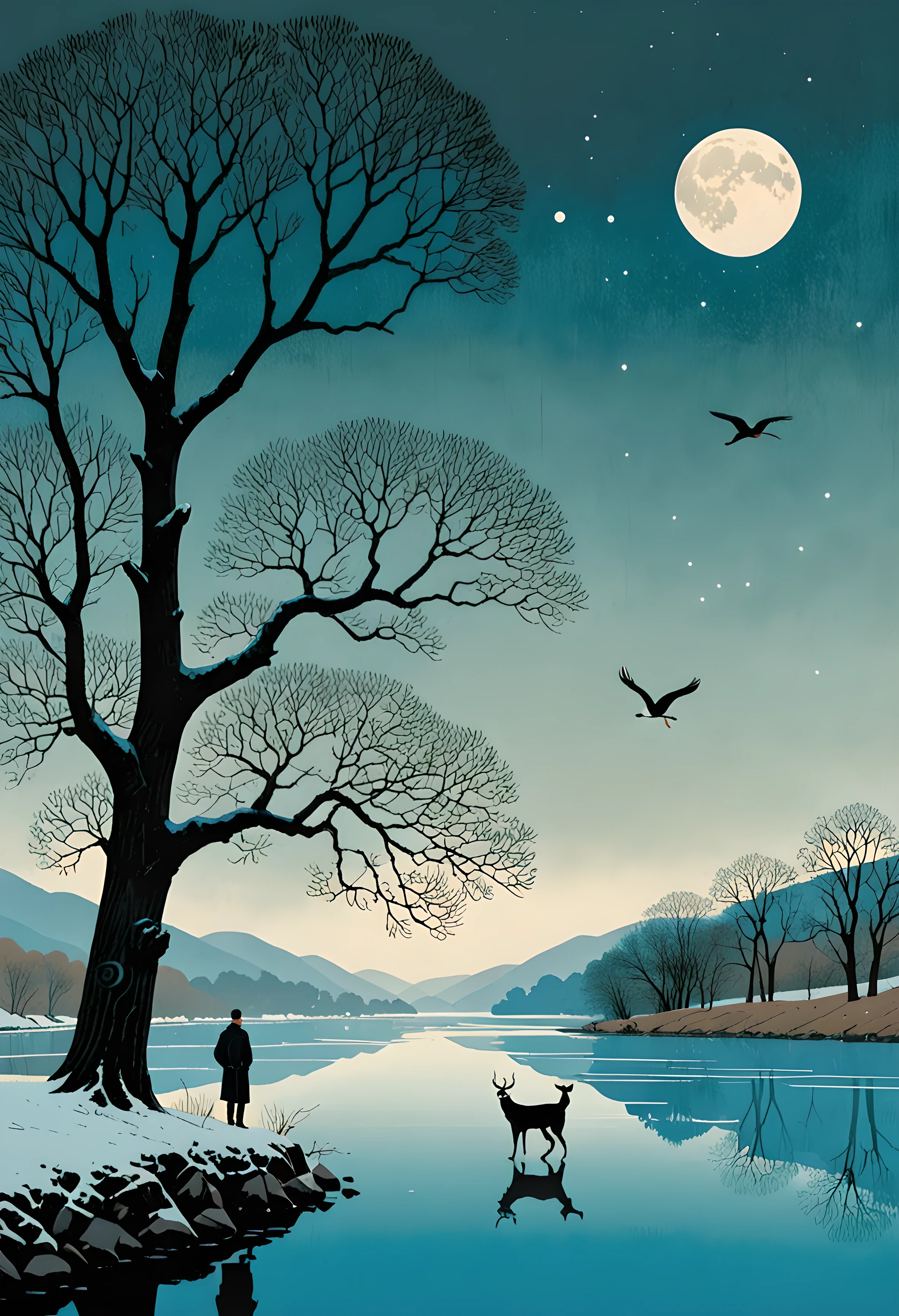 style by Alessandro Gottardo,  a man with a gentle brown beard in a black sweater stands over a blue river against the backdrop of the moon under a large oak tree. around on the hills 3 cranes 3 cats 3 dogs, Blizzard, Expressionism, stylized, intricate, detailed, artistic