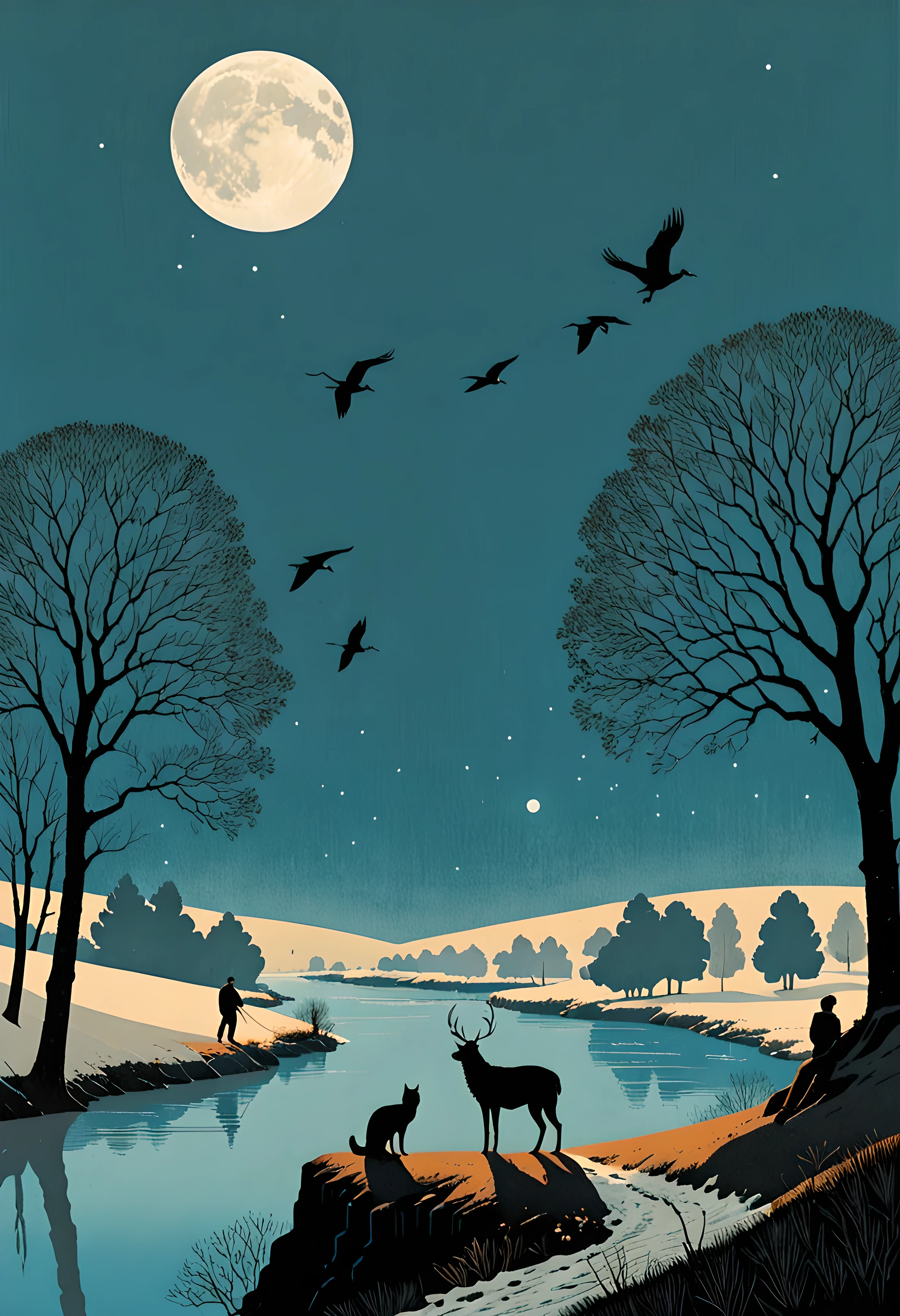 style by Alessandro Gottardo,  a man with a gentle brown beard in a black sweater stands over a blue river against the backdrop of the moon under a large oak tree. around on the hills 3 cranes 3 cats 3 dogs, Blizzard, Expressionism, stylized, intricate, detailed, artistic