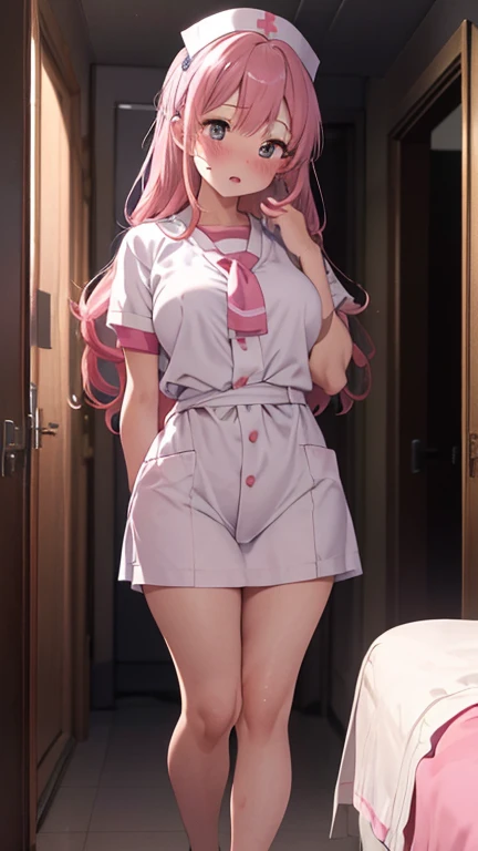 masterpiece、highest quality、Very detailed、8k CG、
Photograph the upper body、1 female、(Put your arms behind your back:1.2)、Are standing、Turn your body forward、View your viewers、(nurse、nurseキャップ)、blush、shy、(trembling:1.2)、Pink Hair、Open your mouth、Hospital corridor、night、
