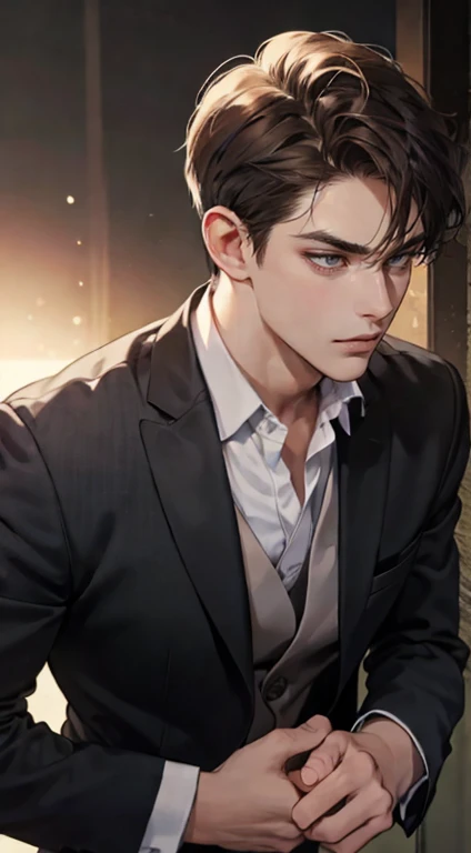 masutepiece, Best Quality, Realistic, 1man, matured male, Quiet and charming young man, 25 years old, closing eye, Serious look, extra detailed face, ((dark grey eyes)), ((Short right sweep dark brown hair)), [Thick eyebrows], detective, Plain background, ((Suit)), Cinematic lighting, gaze at the audience, Postural dynamics
