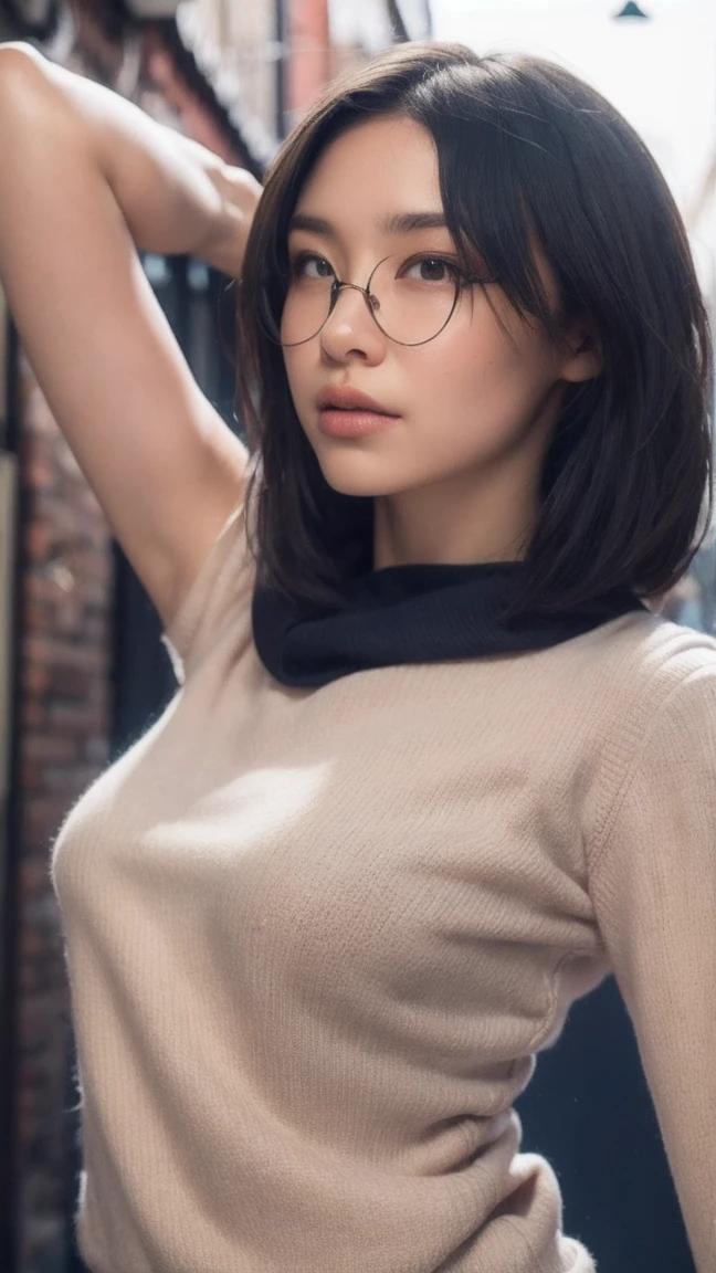 Photorealistic, masutepiece, Best Quality, Raw photo, 1girl in, Solo, Long hair, Brown hair, Detailed face, alluring face, Sweater that kills virgins, medium breasts, Dynamic Pose, Looking at Viewer, From below, Detailed background, fine detailed, intricate detailes,  Ray tracing, depth of fields, lowkey, nffsw,  naked portrait, nude photography, shiny nipple, show armpit 