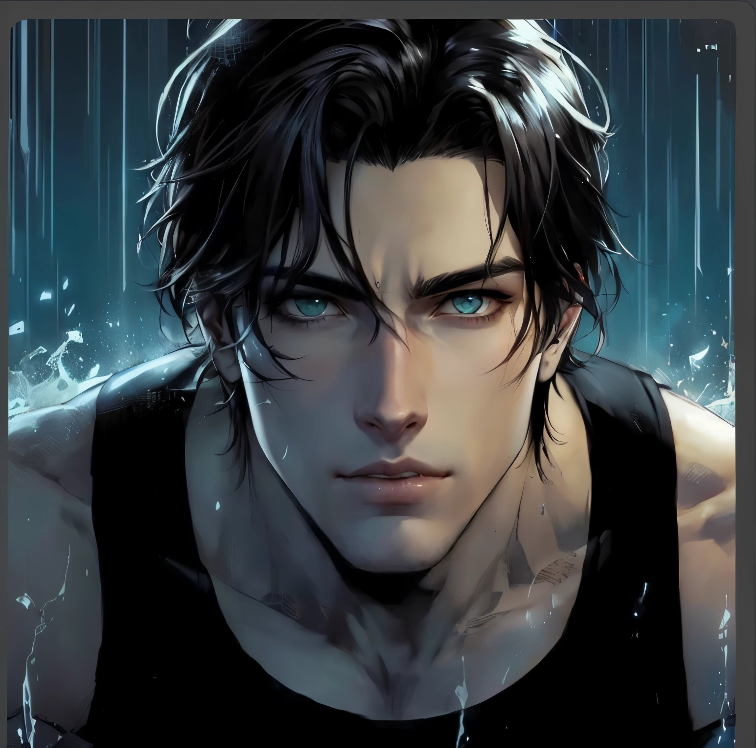um close de um homem com o rosto molhado e uma blusa preta, handsome guy in demon slayer art, anime homem bonito, Retrato de anime de um homem bonito, cara de anime alto com olhos azuis, personagem de anime masculino, manhwa, estilo de charlie bowater, Charlie Bowater e Mark Brooks, estilo de anime masculino, lindo rosto detalhado, retrato de jughead jones