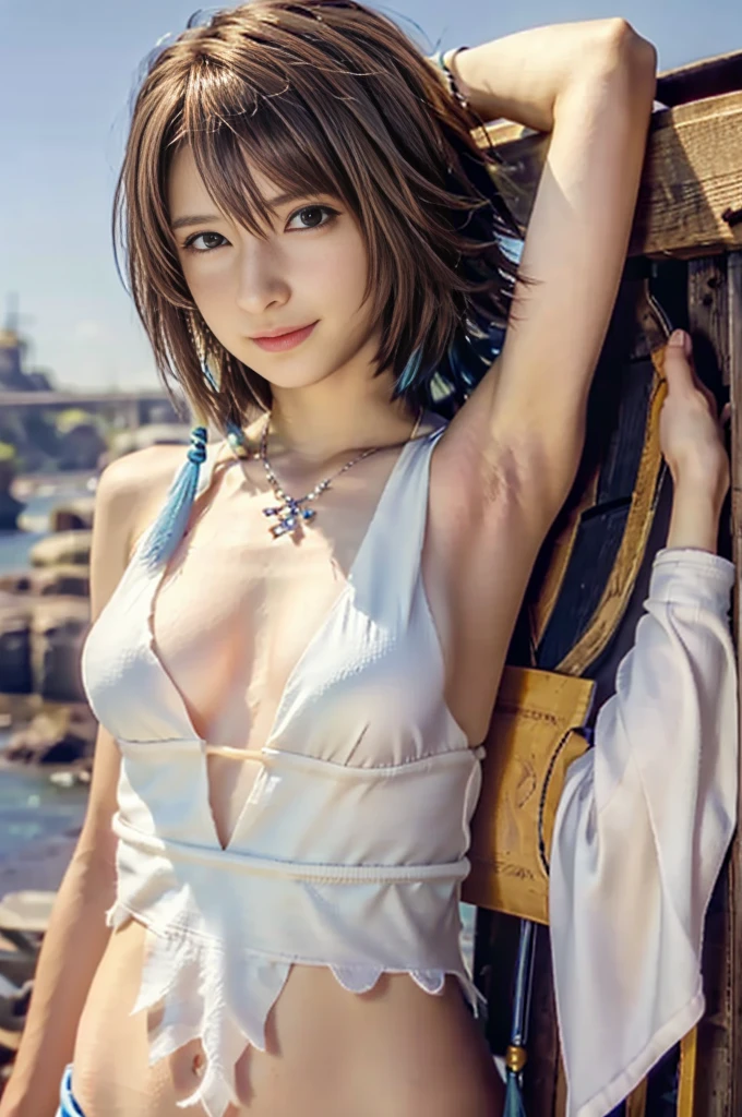 (masterpiece, best quality:1.3)
YunaFF10,  1girl, solo, looking at viewer, smile, short hair, blue eyes, naked, brown hair, hair ornament, jewelry, yuna (ff10),  naked portrait, nude photography,  shiny nipple, show armpit 