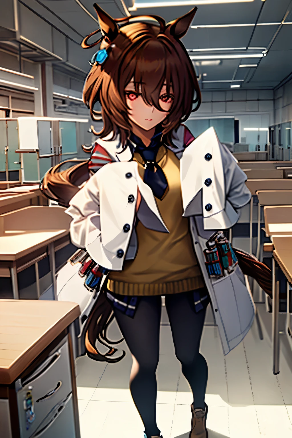 (masterpiece:1.2、top-quality)、(Beautiful Eyes of Details:1.2)、(the Extremely Detailed CG Unity 8K Wallpapers、masterpiece、top-quality、ultra-detailliert、Best Shadows)、(Detailed background)、(beautifull detailed face、beatiful detailed eyes)、highly contrast、(The best lighting、extremely delicate and beautiful)、1girl in、dynamic ungle、dynamicposes:1.4、full body Esbian、Agnes-Tachyon\(Umamusume\)、solo、hunk_Eyeanteau blanc、Black pantyhose、((sleeves past fingers))、Yellow sweater、Black tie、Horse Girl、Horse's tail、brown haired、red eyes、sleeves past wrists、The background is the science room、lab room、flask、Glass Tube