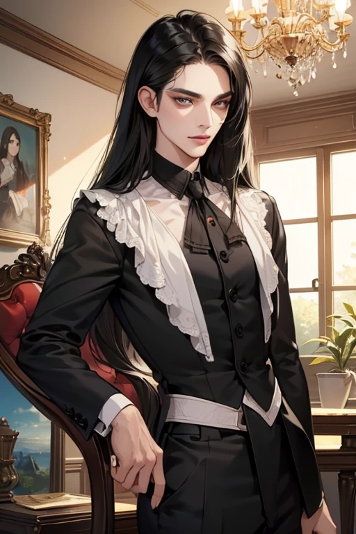 (masutepiece, Digital Art, Digital Illustration, 4K, 8K, Ultra-detailed, beautiful image, Sharp Image, Photorealistic, Raw photo, Perfect face, Perfect lines, Perfect eyes, Soft lighting) 1 woman, (Long Black Hair,straight haired,Bullish gaze,Beautie,Woman in suit,Solid makeup,23 y-o woman,small tits:1.3),Secretary, Two handsome men in suits, (ember,Men in suits,well-muscled,Firm shoulder width, Man's,Boyish hairstyle,English gentlemanly style,Man in his 30s with a cool expression,28-year-old man with bright smile:1.2),Office scene at night,Antique furnishings,Antique Clamps,Antique chair,chandeliers,Antique furnishings