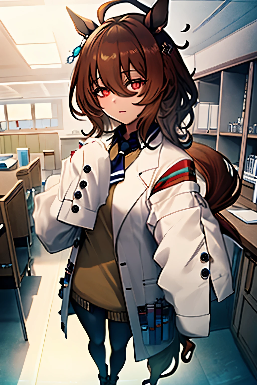 (​masterpiece:1.2、top-quality)、(Beautiful Eyes of Details:1.2)、(the Extremely Detailed CG Unity 8K Wallpapers、​masterpiece、top-quality、ultra-detailliert、Best Shadows)、(Detailed background)、(beautifull detailed face、beatiful detailed eyes)、highly contrast、(The best lighting、extremely delicate and beautiful)、1girl in、dynamic ungle、dynamicposes:1.4、full body Esbian、Agnes-Tachyon\(Umamusume\)、solo、hunk_Eyeanteau blanc、Black pantyhose、((sleeves past fingers))、Yellow sweater、Black tie、Horse Girl、Horse's tail、brown haired、red eyes、sleeves past wrists、The background is the science room、lab room、flask、Glass Tube
