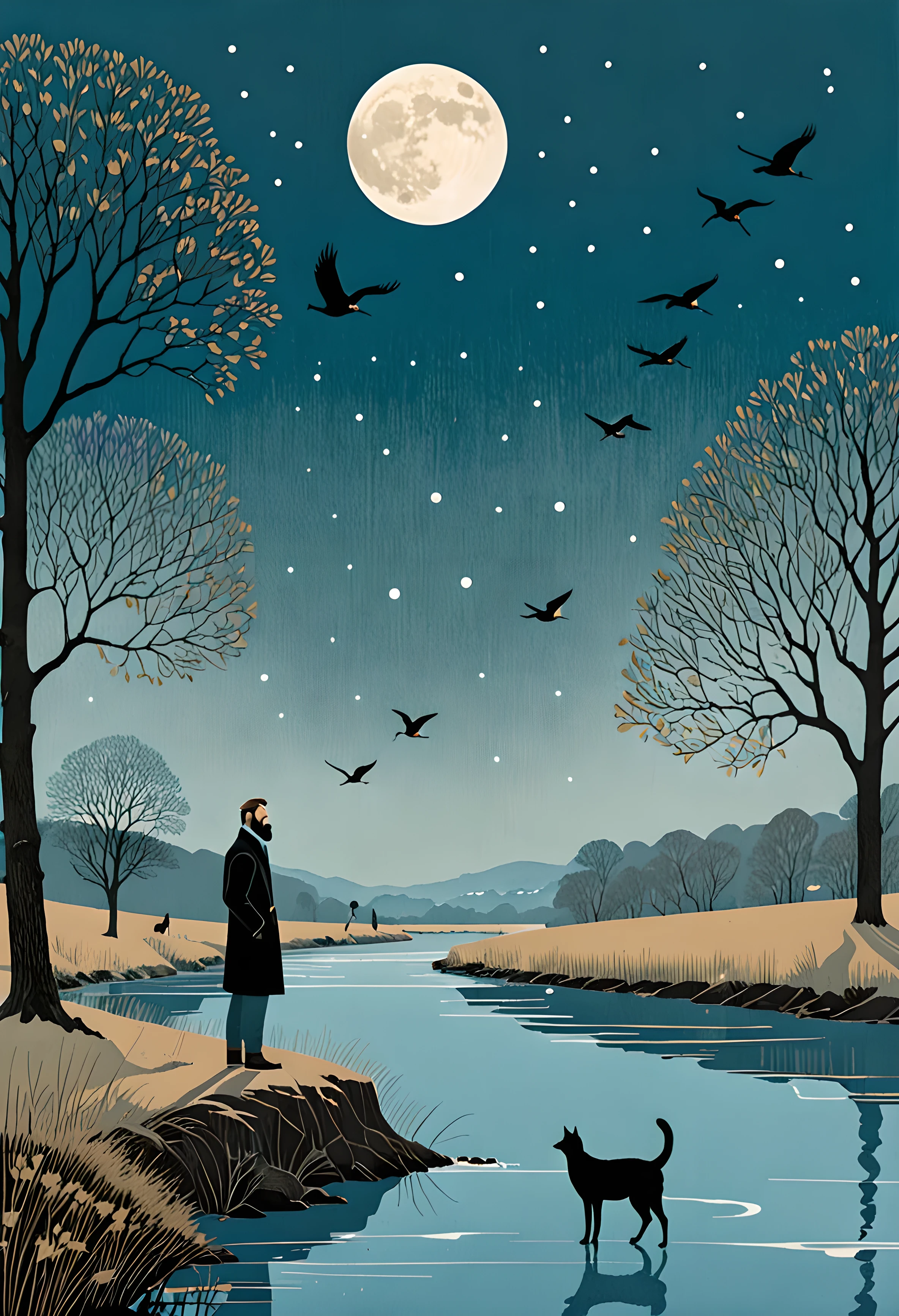 by Angie Lewin and Alessandro Gottardo and Angela Barrettstyle, a man with a gentle brown beard in a black sweater stands over a blue river against the backdrop of the moon under a large oak tree. around on the hills 3 cranes 3 cats 3 dogs, Blizzard, Expressionism, stylized, intricate, detailed, artistic
