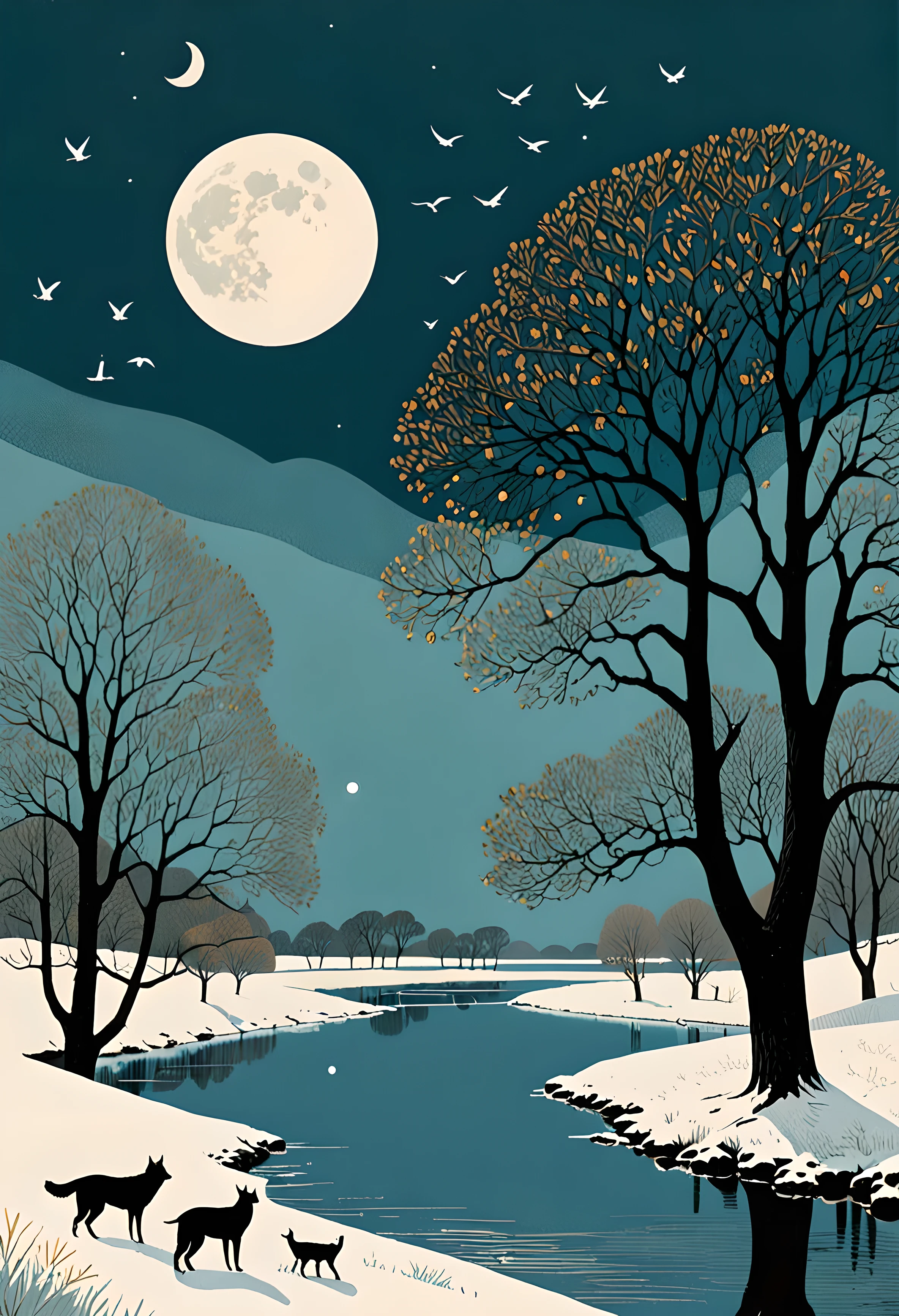 by Angie Lewin and Alessandro Gottardo and Angela Barrettstyle, a man with a gentle brown beard in a black sweater stands over a blue river against the backdrop of the moon under a large oak tree. around on the hills 3 cranes 3 cats 3 dogs, Blizzard, Expressionism, stylized, intricate, detailed, artistic