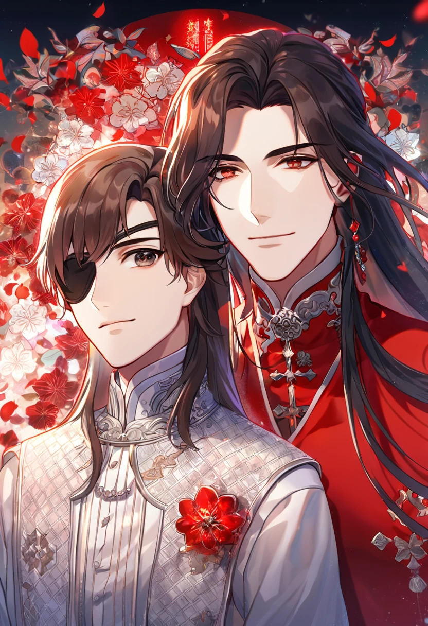 Ultra detailed, HDR, Highres, absurdres, master piece, Hua Cheng, black long hair, expressive red eye, Xie Liang, brown hair, brown eyes, black eye patch, Heaven Official's Blessing, patterns, red and white clothes, red petals, red ice flowers, two sexy men together, gay couple, extremely detailed face and eyes, extremely handsome, glittering, red glass,