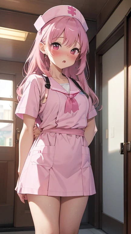 masterpiece、highest quality、Very detailed、8k CG、
Photograph the upper body、1 female、(Put your arms behind your back:1.2)、Are standing、Turn your body forward、View your viewers、(Pink nurse uniform、Nurse cap)、blush、shy、(trembling:1.2)、Pink Hair、Open your mouth、Hospital corridor、night、