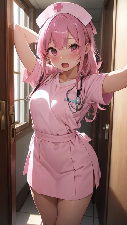 masterpiece、highest quality、Very detailed、8k CG、
Photograph the upper body、1 female、(Put your arms behind your back:1.2)、Are standing、Turn your body forward、View your viewers、(Pink nurse uniform、Nurse cap)、blush、shy、(trembling:1.2)、Pink Hair、Open your mouth、Hospital corridor、night、