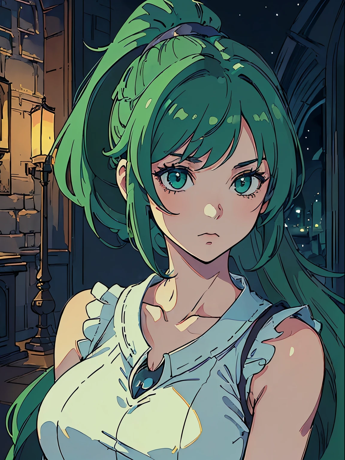 ((masterpiece, best quality)), ((anime girl in the castle hall, night, moonlight retro style)) (1girl, , portrait, close up), (solo, elegant beauty, cool woman), (female focus, mature), (green hair, ponytail hair),green eyes, detailed eye, ((knight armor, sleeveless, collarbone, huge breasts)), portraits, dramatic lighting, blueish light, calm atmosphere