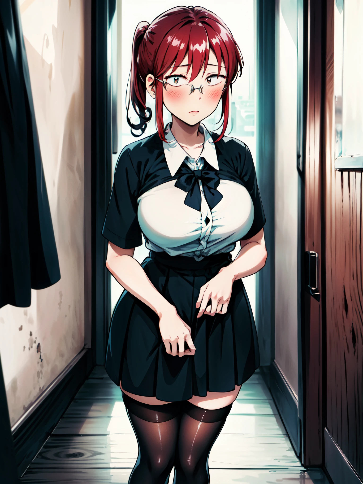 kobayashi_kobayashisanchinomaidragon, glasses, red_hair, blush, ponytail, bangs, closed_mouth, brown_eyes, 

(day:1.7), in a room with curtains on the windows,indoors, Standing at attention

1 girl, 20yo,YOUNG female,Beautiful Finger, Beautiful long legs ,Beautiful body ,Beautiful Nose ,Beautiful character design, perfect eyes, perfect face,

this character is standing in a dress wearing thigh high boots with black socks, 1girl, solo, thighhighs, white background, ahoge, long hair, white thighhighs, simple background, hand on hip, full body, bow, , looking at viewer, bowtie, shoes, loafers, (very short skirt:1.4), ribbon, (white shool shirt:1.2), (black plated skirt:1.2), (shirt tucked into skirt:1.2), (The skirt isn't torn:1.2), (short sleeves shirt:1.2), (The shirt is tight:1.2)

looking at viewer, in the center of the image, under butt

official art, extremely detailed CG unity 8k wallpaper, perfect lighting,Colorful, Bright_Front_face_Lightinasterpiece:1.0),(best_quality:1.0), ultra high res,4K,ultra-detailed,
photography, 8K, HDR, highres, absurdres:1.2, Kodak portra 400, film grain, blurry background, bokeh:1.2, lens flare, (vibrant_color:1.2)
, (beautiful_face:1.5),(narrow_waist), (Beautiful,Huge_Breasts:1.3)