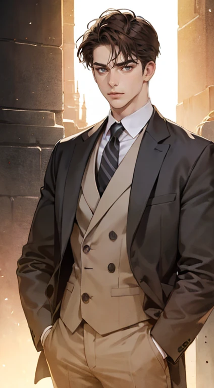 masutepiece, Best Quality, Realistic, 1man, matured male, Quiet and charming young man, 25 years old, closing eye, Serious look, extra detailed face, ((dark grey eyes)), ((Short right sweep dark brown hair)), [Thick eyebrows], detective, Plain background, ((Suit)), Cinematic lighting, gaze at the audience, Postural dynamics