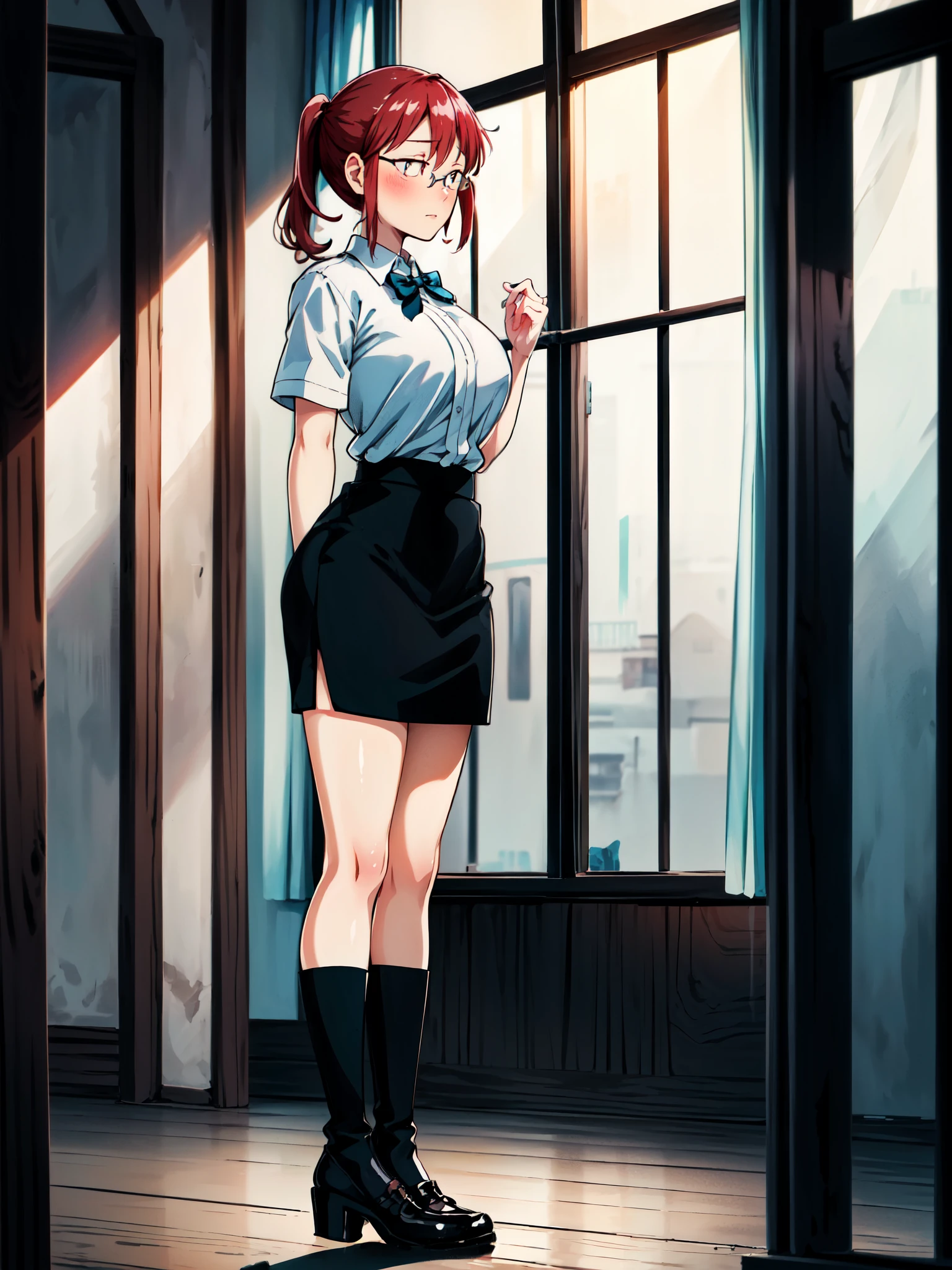 kobayashi_kobayashisanchinomaidragon, glasses, red_hair, blush, ponytail, bangs, closed_mouth, brown_eyes, 

(day:1.7), in a room with curtains on the windows,indoors, Standing at attention

1 girl, 20yo,YOUNG female,Beautiful Finger, Beautiful long legs ,Beautiful body ,Beautiful Nose ,Beautiful character design, perfect eyes, perfect face,

this character is standing in a dress wearing thigh high boots with black socks, 1girl, solo, thighhighs, white background, ahoge, long hair, white thighhighs, simple background, hand on hip, full body, bow, , looking at viewer, bowtie, shoes, loafers, (very short skirt:1.4), ribbon, (white shool shirt:1.2), (black plated skirt:1.2), (shirt tucked into skirt:1.2), (The skirt isn't torn:1.2), (short sleeves shirt:1.2), (The shirt is tight:1.2)

looking at viewer, in the center of the image, under butt

official art, extremely detailed CG unity 8k wallpaper, perfect lighting,Colorful, Bright_Front_face_Lightinasterpiece:1.0),(best_quality:1.0), ultra high res,4K,ultra-detailed,
photography, 8K, HDR, highres, absurdres:1.2, Kodak portra 400, film grain, blurry background, bokeh:1.2, lens flare, (vibrant_color:1.2)
, (beautiful_face:1.5),(narrow_waist), (Beautiful,Huge_Breasts:1.3)