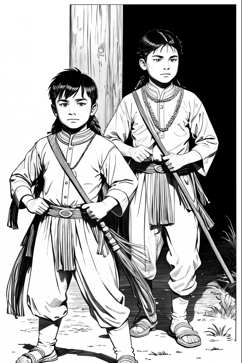 Please generate only the outline or stroke of this drawing so I can use it in a coloring book: Two Cherokee Boys on the Hunt
