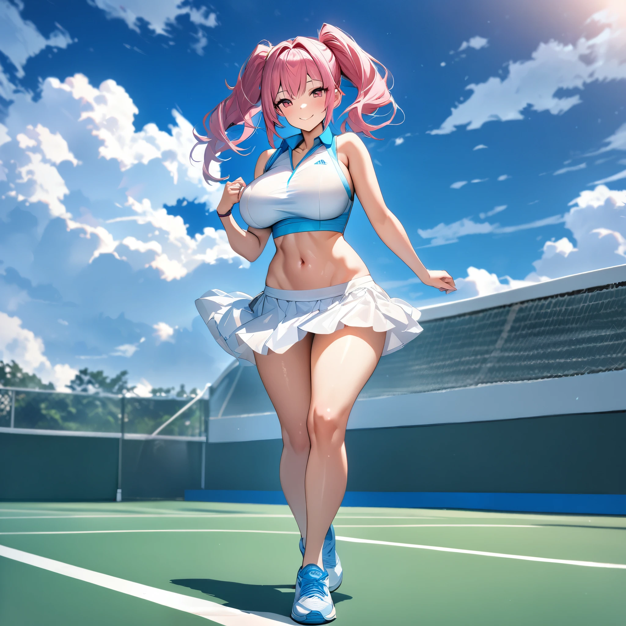 a woman wearing a tennis uniform, exposed abdomen, exposed thigh, white skirt with faint blue details, sports tennis shoes, pigtails, hot pink hair with silver strands, large breasts, pink eyes, smiling, walking on a tennis court, full body, blue sky with clouds,HDR , ultra resolution, sharp, masterpiece, 8K HD (solo woman)
