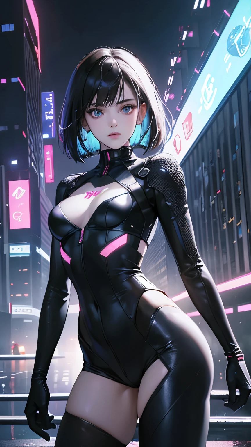 (absurdres, highres, ultra detailed),masterpiece,best quality,high resolution,8k,Realistic face,Realistic skin texture,magnified textures, stunning clarity,detailed anime girl,(ultra detailed eyes and face),beautiful face,(Bright colors,neon lighting,digital art,cyber punk:1.1,dark atmosphere,futuristic style),highly detailed cityscape,Shining skyscrapers and billboards,High-tech gadgets and holographic displays,person wearing augmented reality implant,wearing futuristic clothes,Dynamic action and movement,The rain-soaked streets reflect colorful lights,Hovering vehicles and flying drones,Sharp, angular architectural design,stylized abstract elements,mysterious and eerie atmosphere,Emphasize the contrast between light and shadow, ((15 year old girl, slim, thin waist, thin thighs, thin arms)),action pose,cowboy shot,bob cut,look at viewer