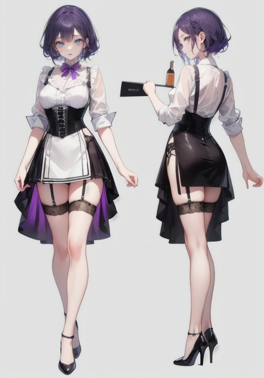 Purple Hair,Shortcuts,Adult female,(bartender),((Body Harness)),((Rolling up your sleevesYshirt)),(corset),short skirt,slit,((garter belt)),High heels,((Simple Background)),smile,((Full Body)),((full body)),((whole body)),Character Sheet,