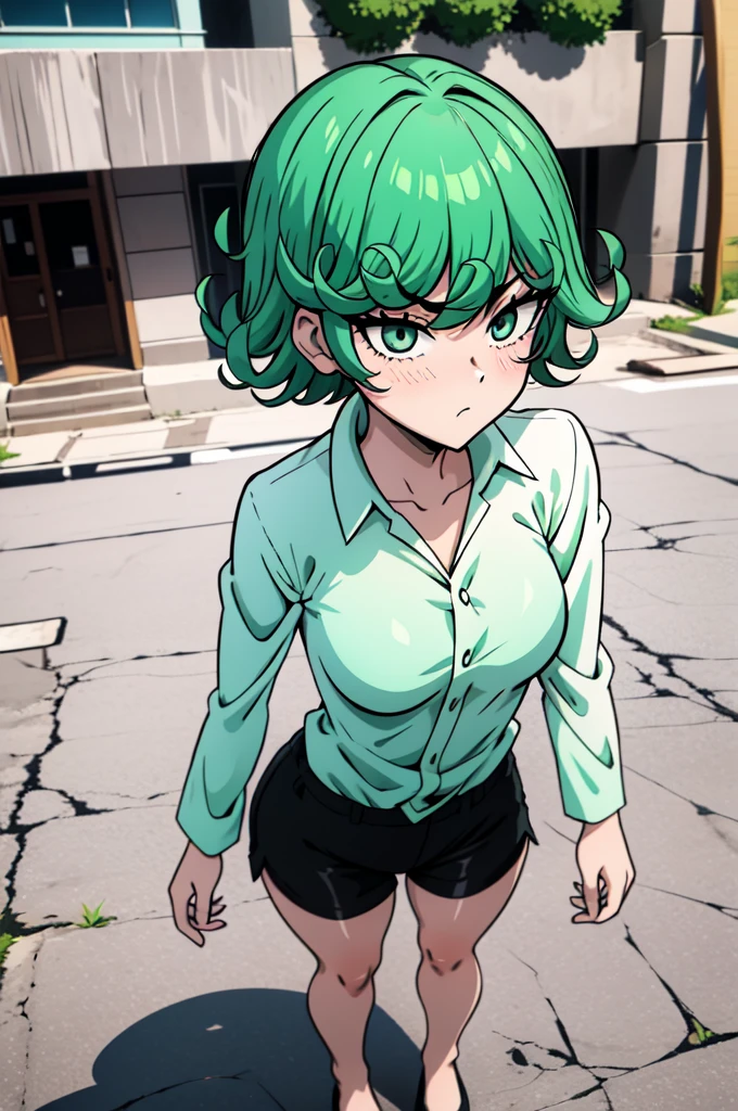 absurdres, highres, ultra detailed, tatsumakitornado, short green hair, curly hair, white shirt, black shorts, outdoors, green eyes ,full body ,looking up at veiwer, blushing ,standing,