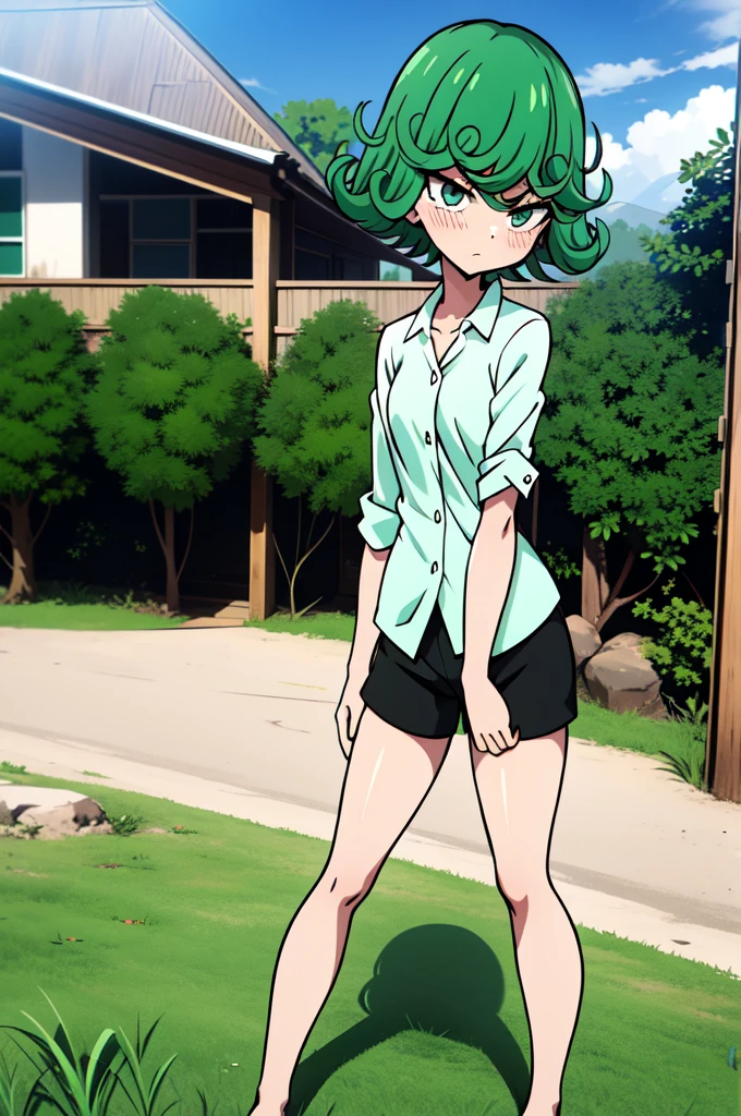 absurdres, highres, ultra detailed, tatsumakitornado, short green hair, curly hair, white shirt, black shorts, outdoors, green eyes ,full body ,looking up at veiwer, blushing ,standing,