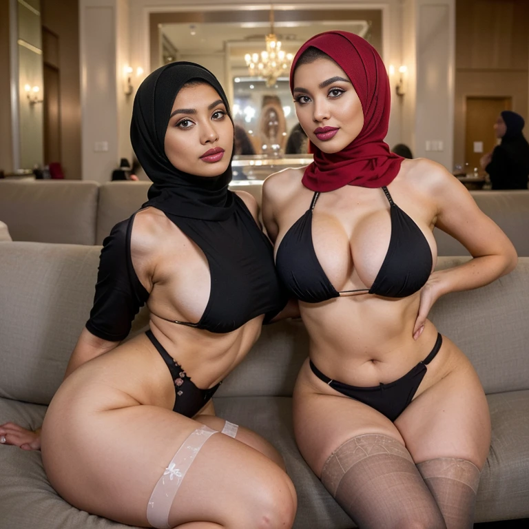 Two confident (hijabi) (Muslim) moms, both with stunning hourglass figures, sit side by side on a plush sofa. They possess the same height, body proportions, and wear (stockings) paired with (daring bikinis). With full makeup, including enticing red lips, they exude self-assured allure. These lust-satisfying body figures radiate a magnetic presence, ready to please their insatiable lustrous desires. This provocative scene invites us to explore the depths of our own sensuality, encouraging us to embrace our desires unapologetically and indulge in our passions. It challenges societal norms, empowering us to fully embrace our bodies and prioritize our pleasure without shame.
Their makeup is flawlessly applied, with striking red lips, voluminous mascara, captivating eye shadow, precise eyeliner, and luxurious lashes. These elements enhance their already mesmerizing features, drawing attention to their expressive eyes.
she is looking at viewer, skin texture, ultra high res, RAW, instagram LUT, masterpiece, best quality, ultra-detailed, ultra high resolution, RAW, 4k, (looking at viewer), extremely detailed eyes and face, ((beautiful detailed nose)), ((beautiful detailed thigh)), ((beautiful detailed eyes)), perfect body proportion, (looking at the camera), seductive face, cheerful, happy, (stockings) (hijabs) (SFW:1.5),