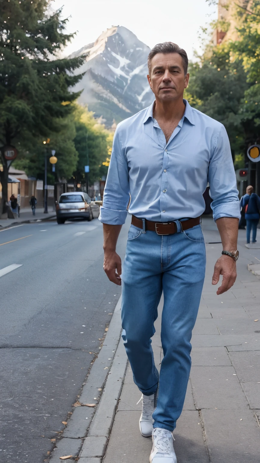 slim and muscular athletic man in his 50s, full body walking on the street of a beautiful city surrounded by mountains and beautiful trees. viste ropa casual, blue denim pants, Brown belt, white long-sleeved shirt with rolled up sleeves and brown shoes.