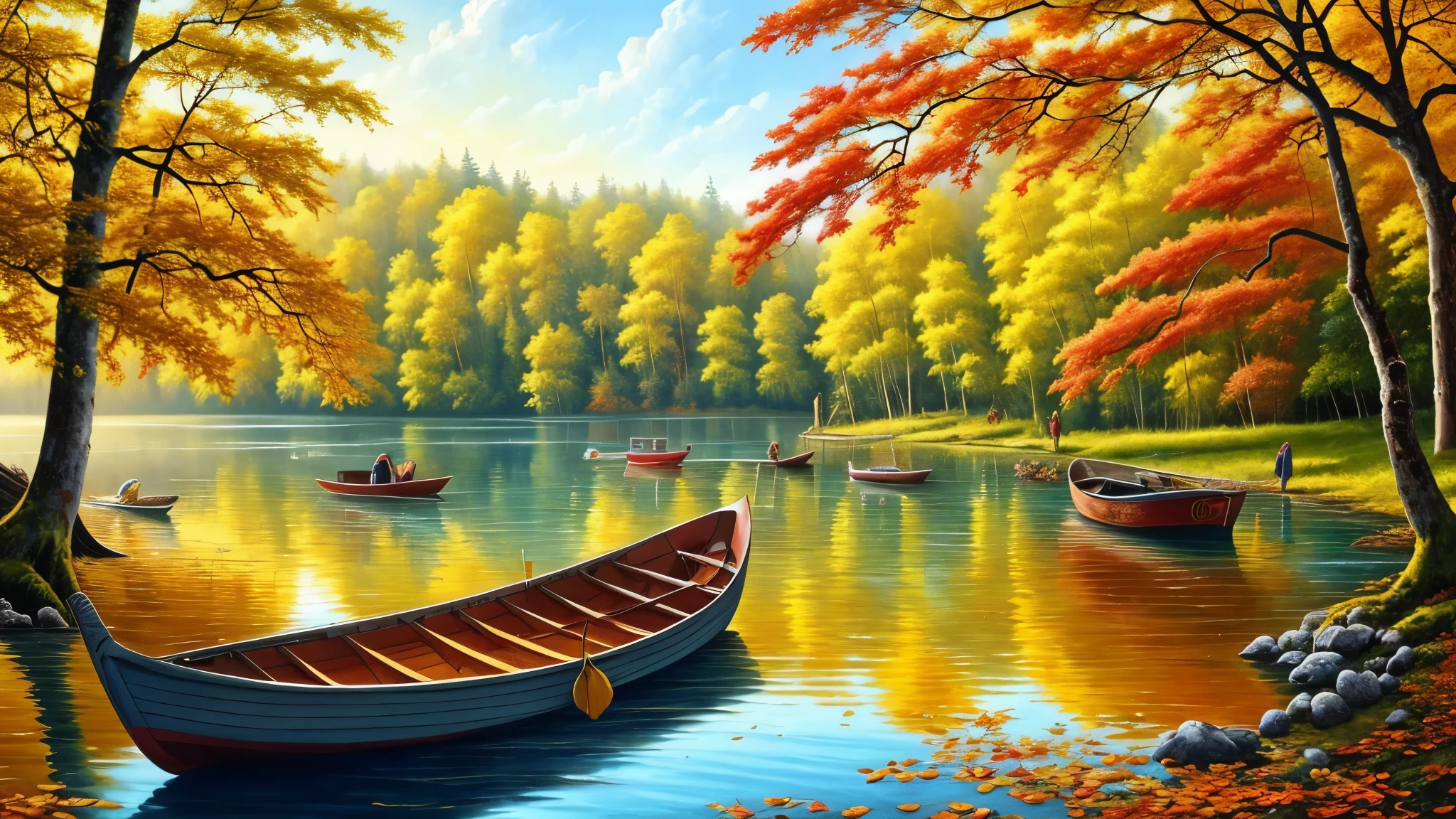 painting of a boat in a lake surrounded by trees with yellow leaves, vibrant gouache painting scenery, artwork, painting of beautiful, beautiful oil painting on canvas, colorful oil painting, tranquil scene, beautiful painting, autumn, golden autumn, oil painting in a modern style, peaceful landscape, beautiful high resolution, beautiful landscape, beautiful oil matte painting, beautiful digital painting