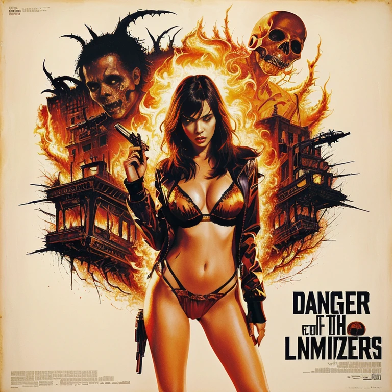 DANGER LAND - original motion picture soundtrack, horror film, A beautiful woman in the center stands in a full-body pose wearing a sexy bikini costume, holding a weapon, In the background, a cityscape bursting into flames and a group of zombies、Spooky atmosphere、soundtrack jacket、Digitally Remastered, Kinematics」, John Maggs, Roy Dargano, Movie Posters, Album cover, 1 9 7 0 sMovie Posters, Oil painting