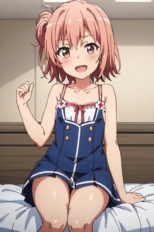 ((highest quality)), ((masterpiece)), (be familiar with), Perfect Face, indoor, Bedroom, Watching the audience,
One woman, Yuigahama Yui,
Open Mouth, Ecstatic expression, blush, smile,
Small breasts, Flat Chest, Young Girl, , , Girl,
Short Hair, Salmon-colored hair, Salmon-colored eyes, Side Pony,
Leg spread,