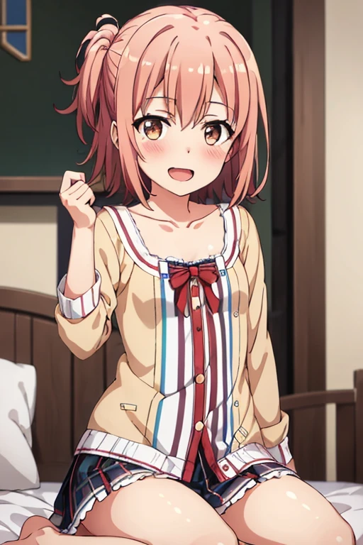 ((highest quality)), ((masterpiece)), (be familiar with), Perfect Face, indoor, Bedroom, Watching the audience,
One woman, Yuigahama Yui,
Open Mouth, Ecstatic expression, blush, smile,
Small breasts, Flat Chest, Young Girl, , , Girl,
Short Hair, Salmon-colored hair, Salmon-colored eyes, Side Pony,
Leg spread,