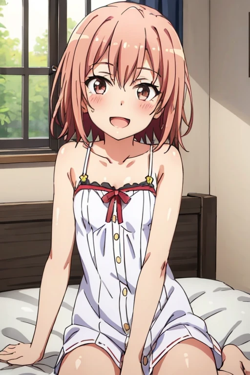 ((highest quality)), ((masterpiece)), (be familiar with), Perfect Face, indoor, Bedroom, Watching the audience,
One woman, Yuigahama Yui,
Open Mouth, Ecstatic expression, blush, smile,
Small breasts, Flat Chest, Young Girl, , , Girl,
Short Hair, Salmon-colored hair, Salmon-colored eyes, Side Pony,
Leg spread,