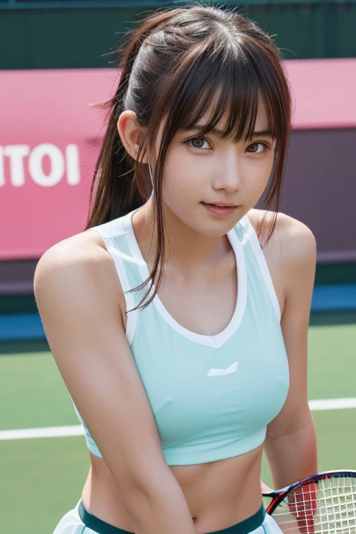 one girl, (a beauty girl, delicate girl:1.3), (:1.3),
break, (tennis wear:1.2),
break, sit,
break, very fine eyes, (symmetrical eyes:1.3),
break, small breasts, brown eyes, parted bangs, brown hair, ponytail, (upper teeth, best smile:0.2),
break, (eyes and faces with detailed:1.0),
break, (masterpiece, best quality, ultra detailed, detailed face, 8k)