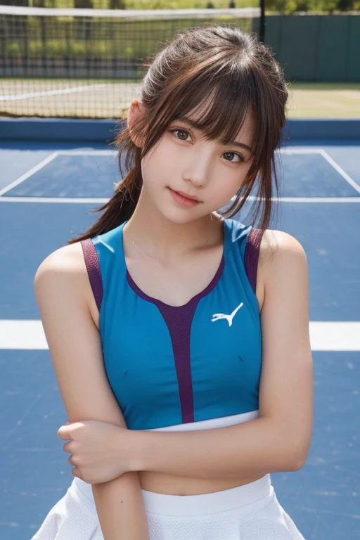 one girl, (a beauty girl, delicate girl:1.3), (:1.3),
break, (tennis wear:1.2),
break, sit,
break, very fine eyes, (symmetrical eyes:1.3),
break, small breasts, brown eyes, parted bangs, brown hair, ponytail, (upper teeth, best smile:0.2),
break, (eyes and faces with detailed:1.0),
break, (masterpiece, best quality, ultra detailed, detailed face, 8k)