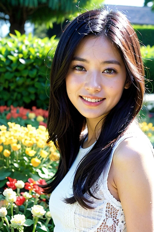 Realistic photography, Beautiful women. ,flower garden,smile