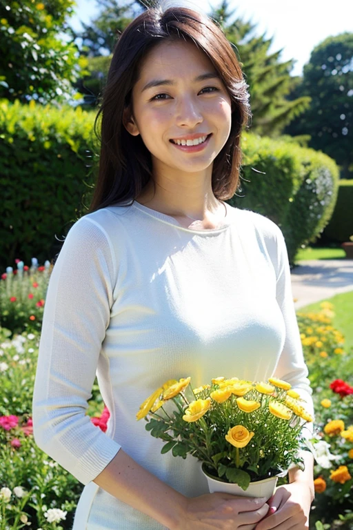 Realistic photography, Beautiful women. ,flower garden,smile