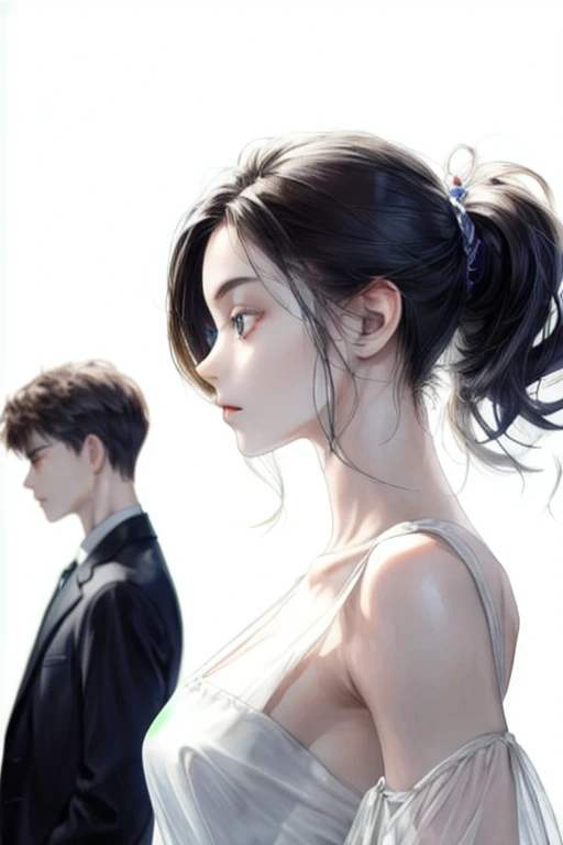 (masterpiece, best quality), 2others, couple, 1boy with 1girl, Height difference, different color, upper body, from side, profile, simple background, white background, extremely detailed eyes