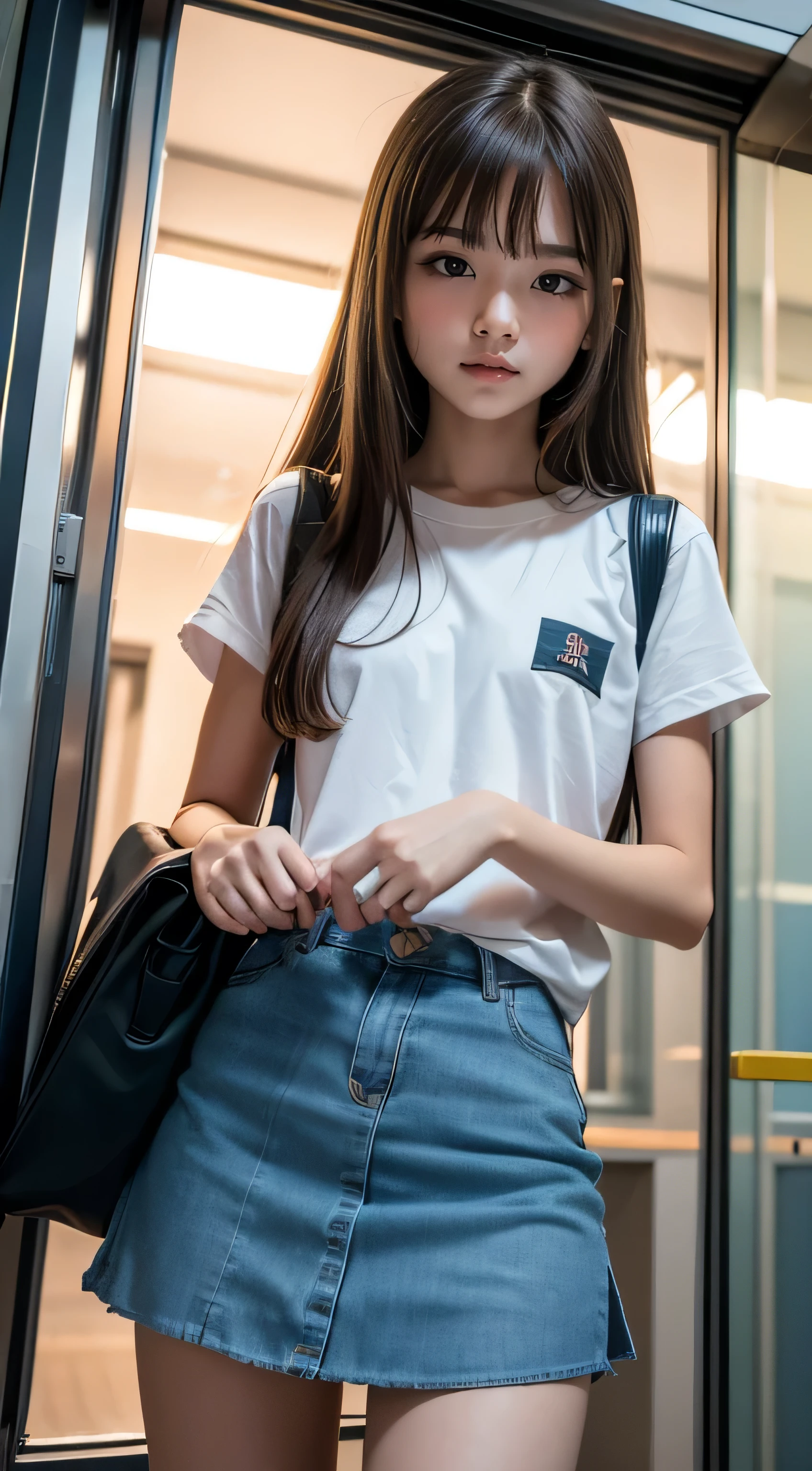 10-year-old girl，Thin and thin，long hair details，no bangs, brown hair, It's a school bag，pretty eyes，elementary student，legs long，ultraclear，Top image quality，cleanness，in schoolbus，nsfw, legs apart, mouth open, low angle, vibrant color grading, low-angle shot, realism, realistic, 75 mm lens, cinematic lighting, HDR, 8k, bald pussy, night time outside, indoor lighting from bus