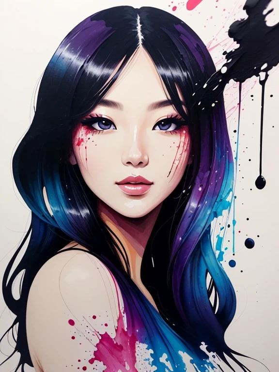 Ink splattering、A painting of a beautiful woman&#39;s face with ink drops falling on it, done with transparent watercolor paints --air 4:5 --s 500,  boyish