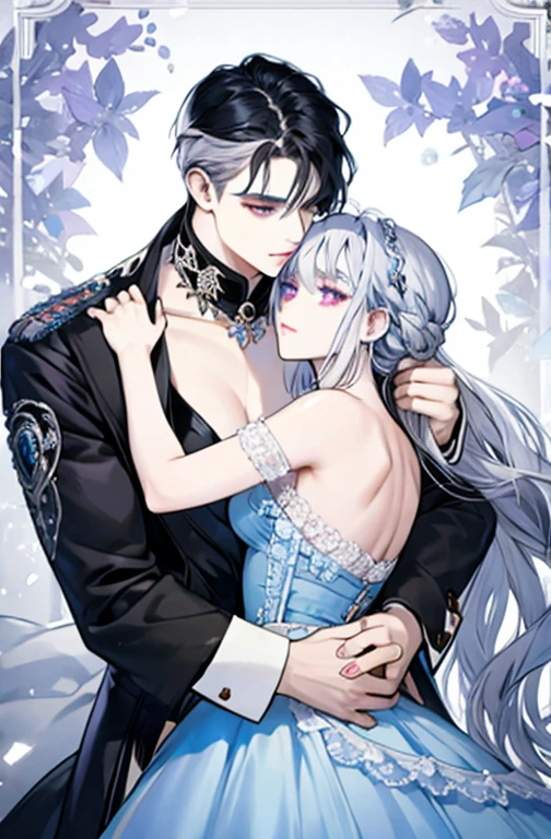 Woman with black hair and violet eyes, light blue dress, hugs a man with silver hair, high quality, highly detailed, detailed face