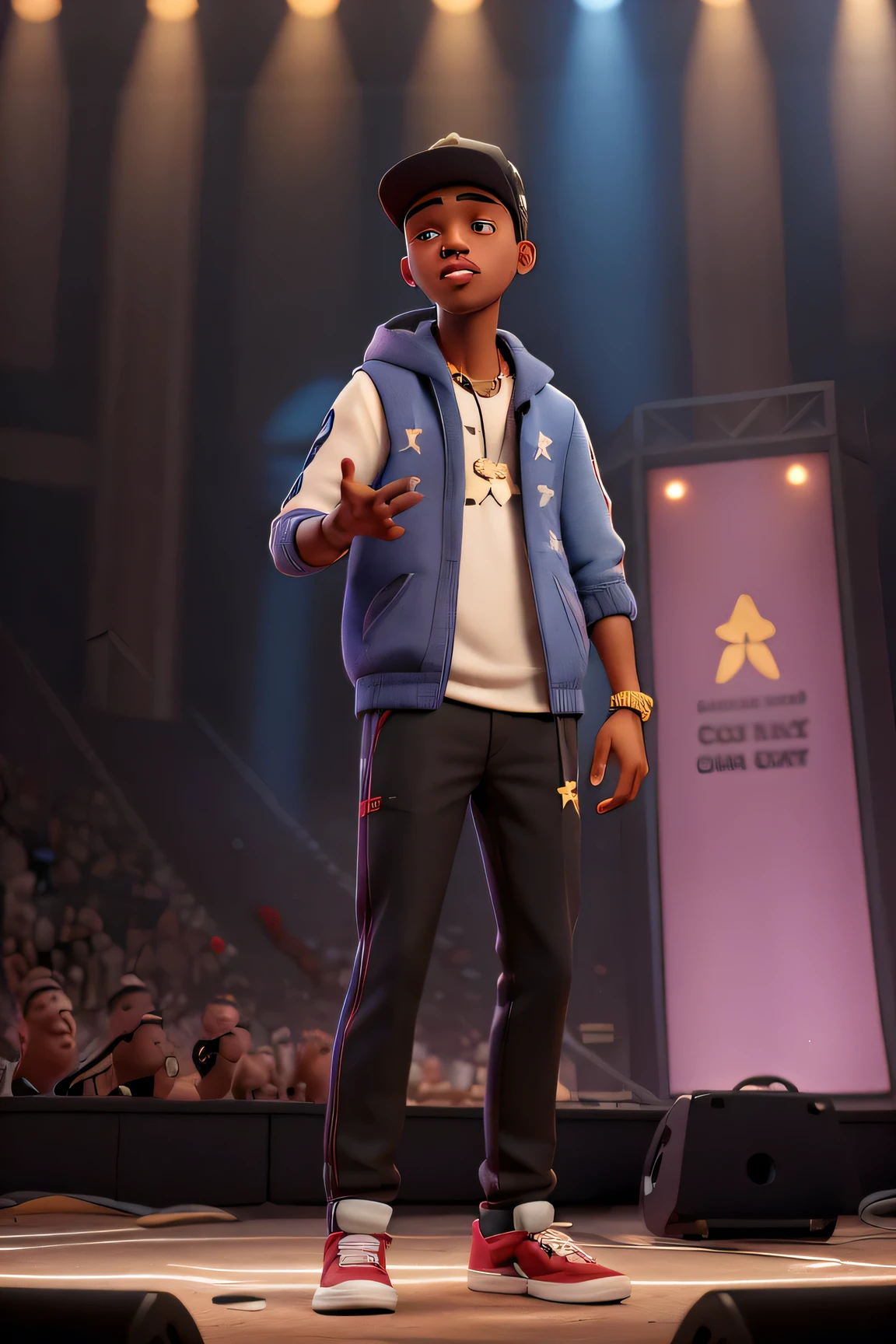 Six stars with a dove of peace Nineteen year old black male rapper wears a hip hop style of clothing with a hat and a dove on his jacket with a star and a dove of peace firmly in his left hand holding a microphone from the stage with a fan in the concert audience.