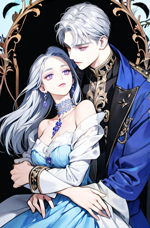 Woman with black hair and violet eyes, light blue dress, hugs a man with silver hair, high quality, highly detailed, detailed face