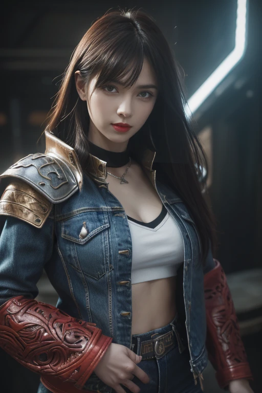 masterpiece,best quality,high resolution,8K,(Portrait Photography:1.5),(R Original Photo),real picture,Digital Photography,(A fusion of cyberpunk and fantasy),(Female Soldiers),20 year old girl,Feel free to hairstyle,By Bangs,(Red eyeigchest, Accessories,Redlip,(He frowned,sneer),(Combination of cyberpunk and fantasy style clothing,hollow-carved design,Combined Armor,,denim jacket,Red),Show your belly button,Photo poses,Realistic style,Thunder and lightning on rainy days,(Thunder magic),oc render reflection texture