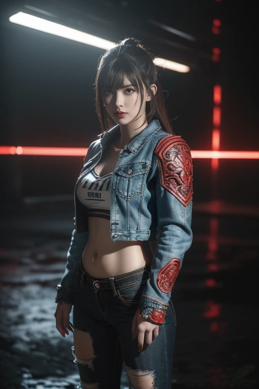 masterpiece,best quality,high resolution,8k,(Portrait Photography:1.5),(R Original Photo),real picture,Digital Photography,(A fusion of cyberpunk and fantasy),(Female Soldiers),20 year old girl,Feel free to hairstyle,By Bangs,(Red eyeigchest, Accessories,Redlip,(He frowned,sneer),(Combination of cyberpunk and fantasy style clothing,hollow-carved design,Combined Armor,,denim jacket,Red),Show your belly button,Photo poses,Realistic style,Thunder and lightning on rainy days,(Thunder magic),oc render reflection texture