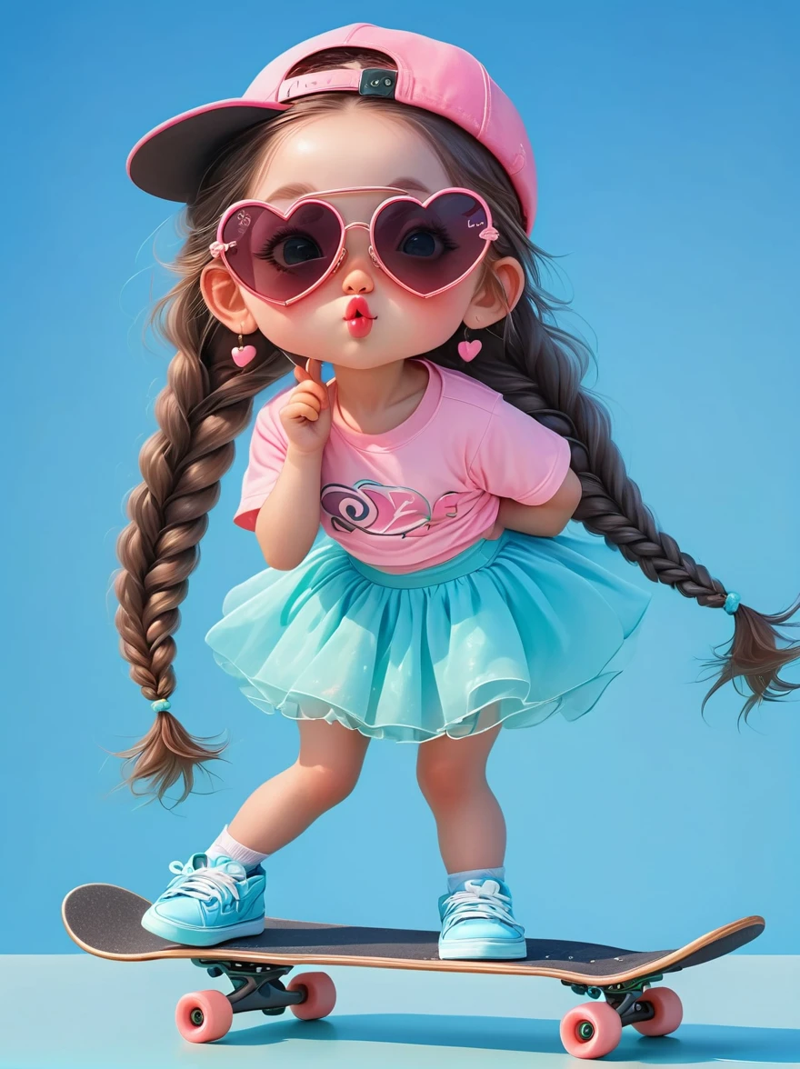 Cute little girl with long braids,Kissing in front of the camera,Wearing a pink skirt,Huge sunglasses,(Close one eye:1.6),On a skateboard,Light blue background,full body,chibi anime,Surrealism,cartoon Q version,by Tiago Hoisel