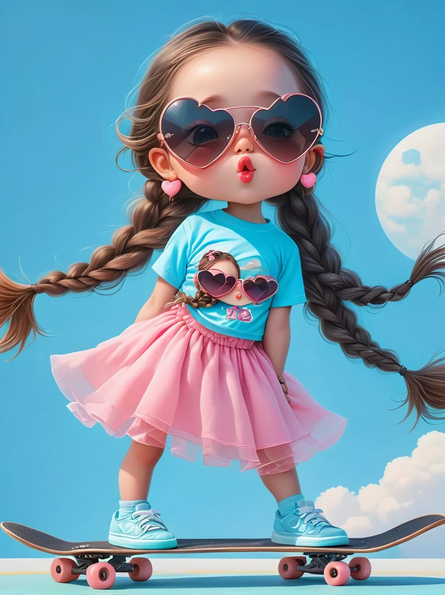 Cute girl with long braids,Kissing in front of the camera,Wearing a pink skirt,Huge sunglasses,(Close one eye:1.6),On a skateboard,Light blue background,full body,chibi anime,Surrealism,cartoon Q version,by Tiago Hoisel